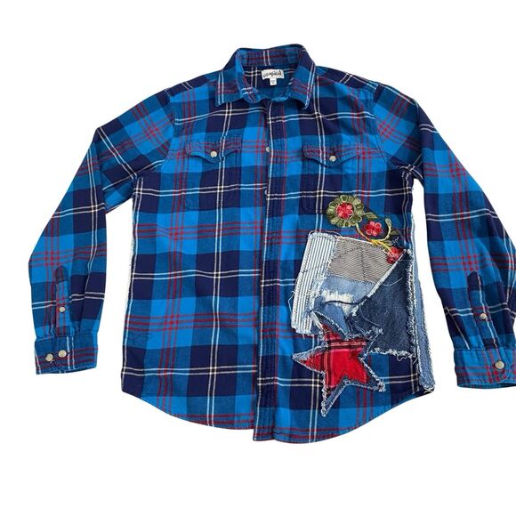 Upcycled Flannel Shirt Womens Large Shacket Ghostface Grunge Scary Movies Blue - Picture 15 of 16